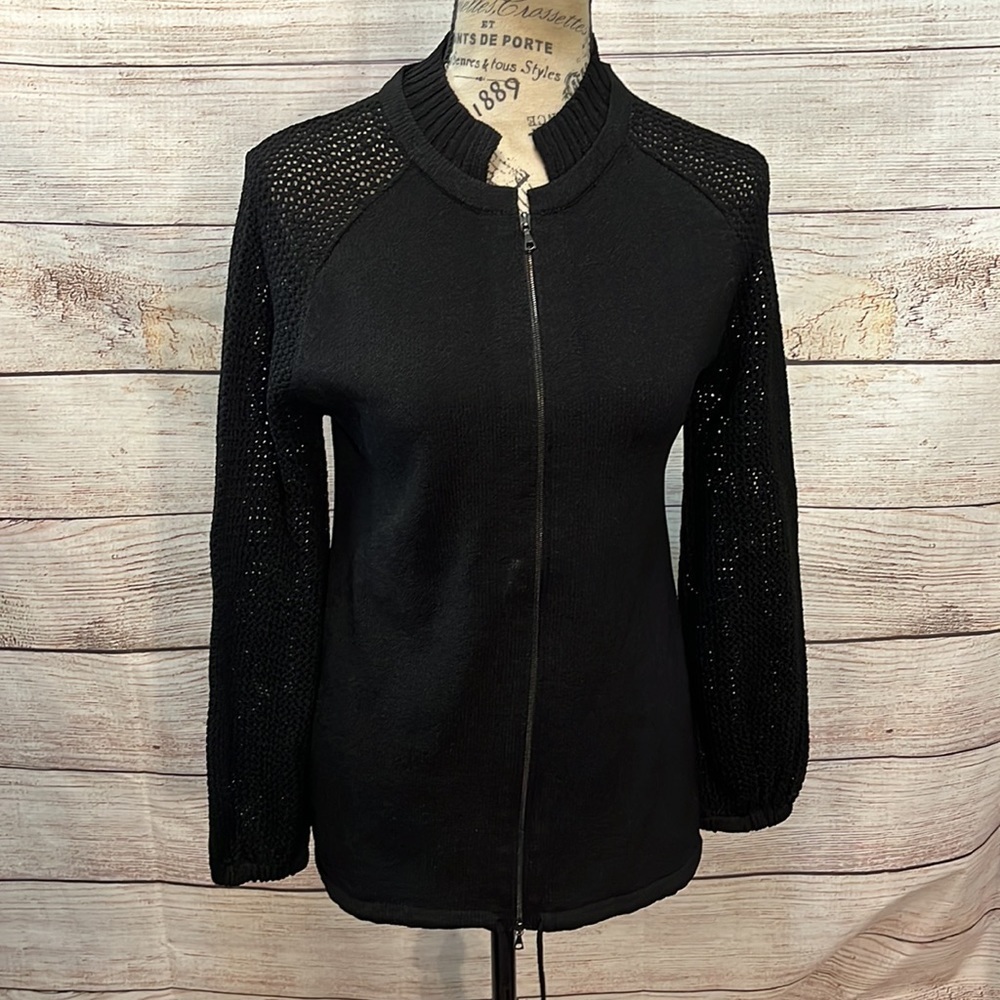 Barbara Wells Studio Cardigan Sweater Lightweight Open Mesh Sleeves Zipper XS